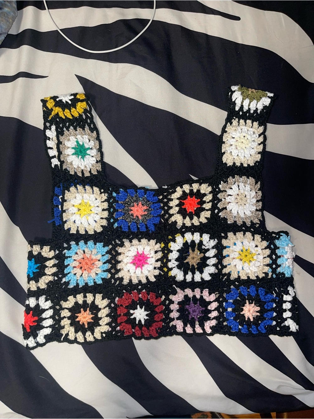 Crochet Square-Panel Black Multi-Color Crop Top